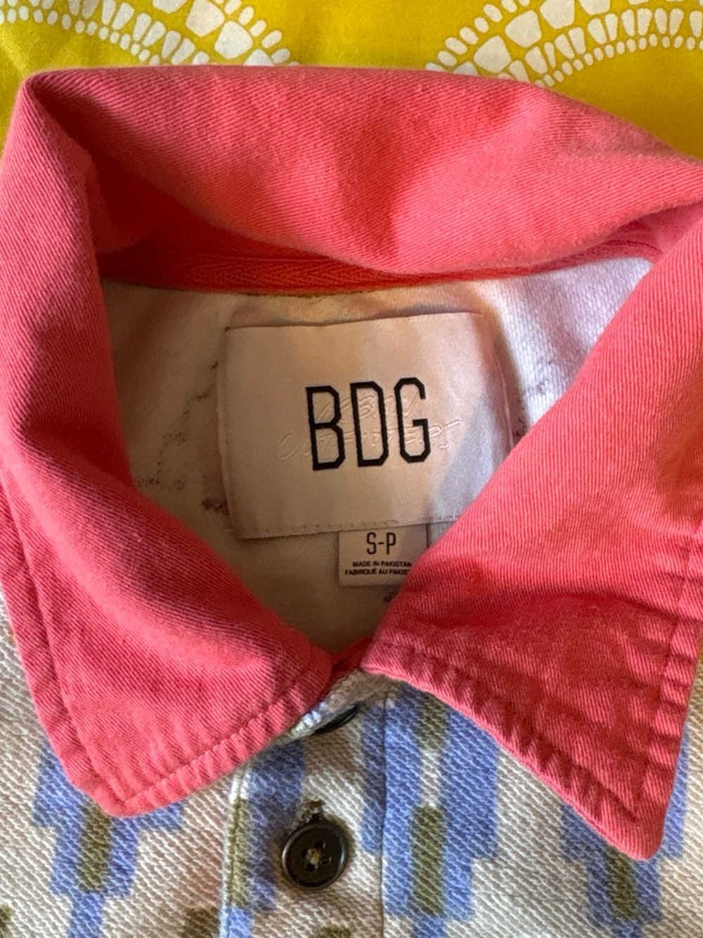 BDG Urban Outfitters Camel Rugby Polo with Pink Collar and Multi-Pattern Yoke - Picture 4 of 5